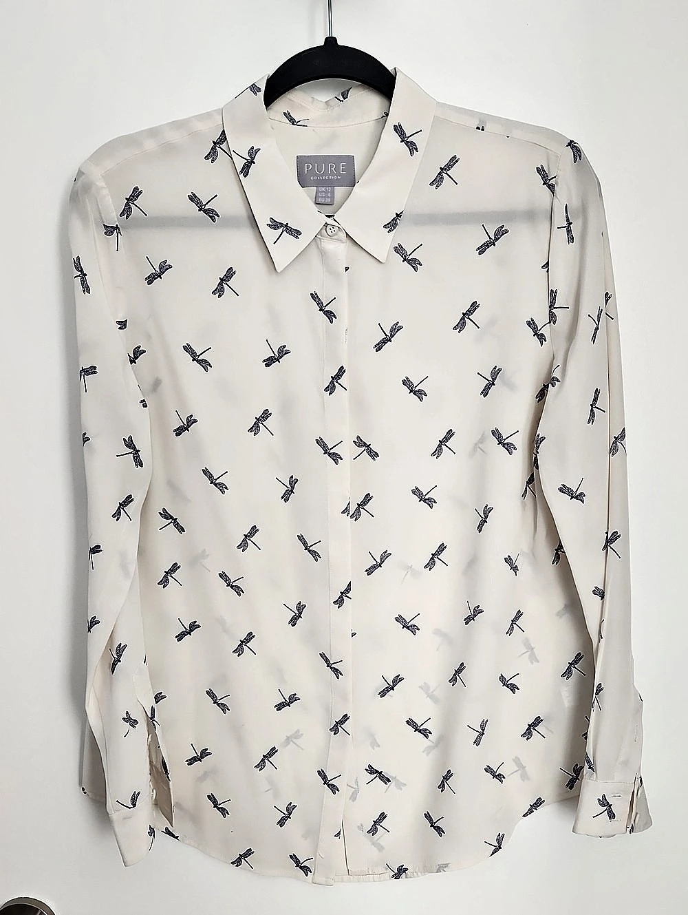 PURE Collection Silk Button Down Shirt in White & Blue Size 6 Like New